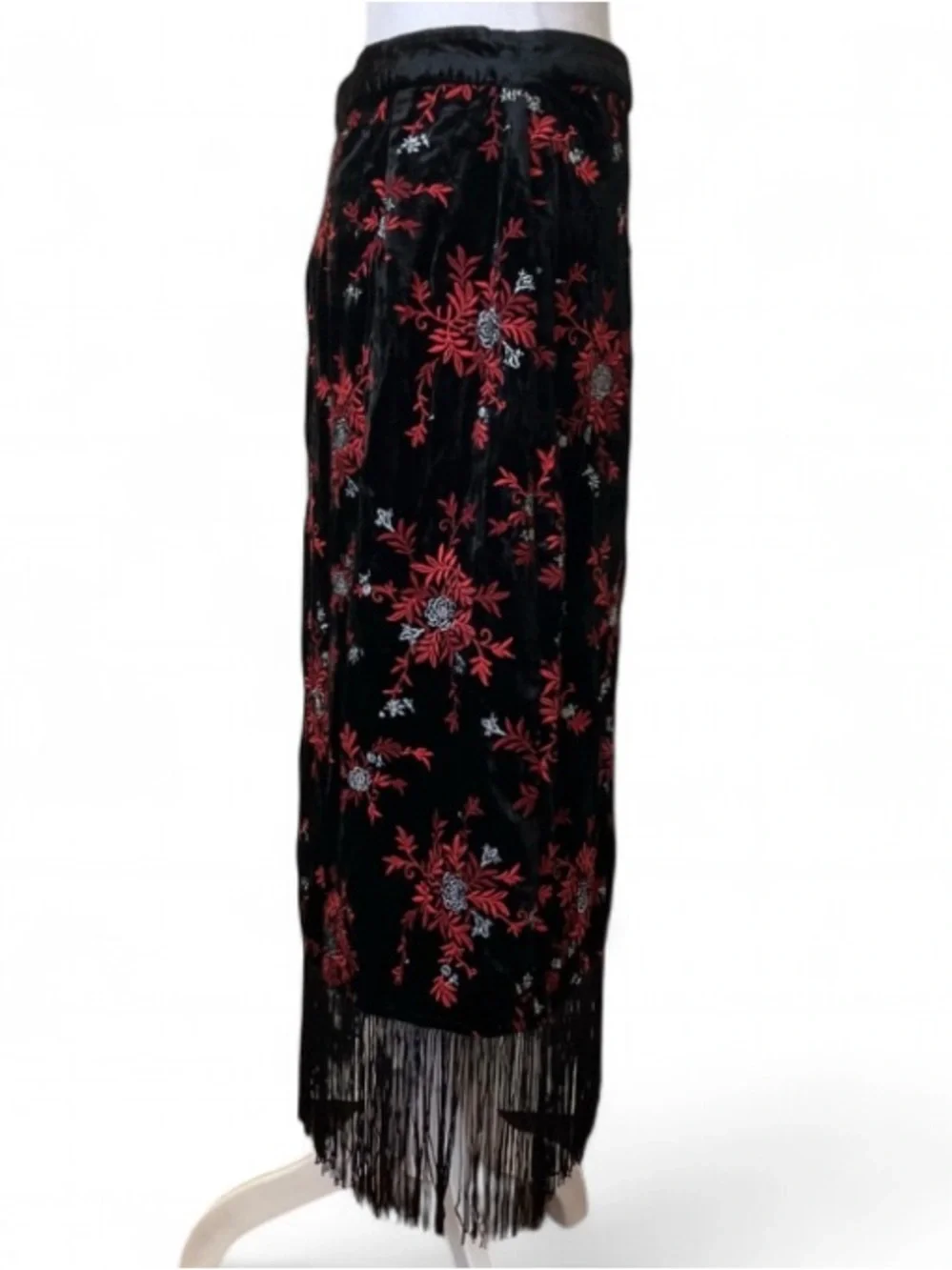 Maeve by Anthropologie Black Velvet Red Floral Embroidery Pencil Fringe Skirt - Picture 4 of 13